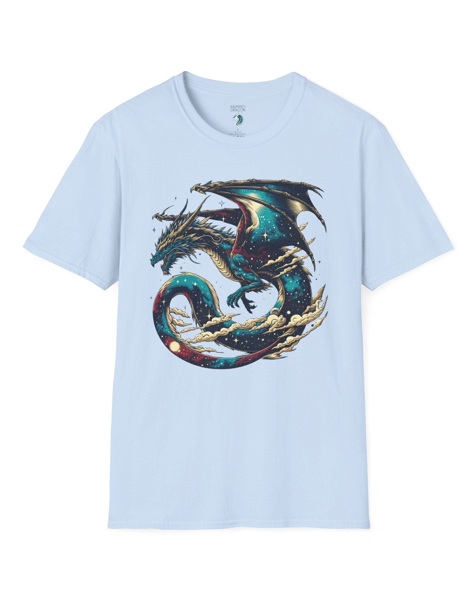 Celestial Serpent shirt in light blue, featuring a cosmic dragon with star-filled wings and swirling clouds.
