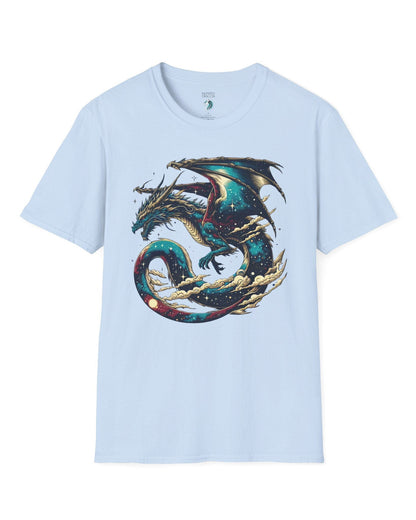 Celestial Serpent shirt in light blue, featuring a cosmic dragon with star-filled wings and swirling clouds.
