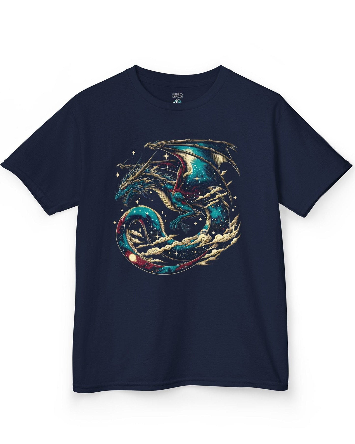 Celestial Serpent shirt in navy featuring a cosmic dragon with star-filled wings and swirling clouds