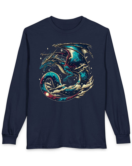 Celestial Serpent shirt in navy featuring a cosmic dragon with star-filled wings and swirling clouds