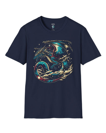 Celestial Serpent shirt in navy, featuring a cosmic dragon with star-filled wings and swirling clouds.
