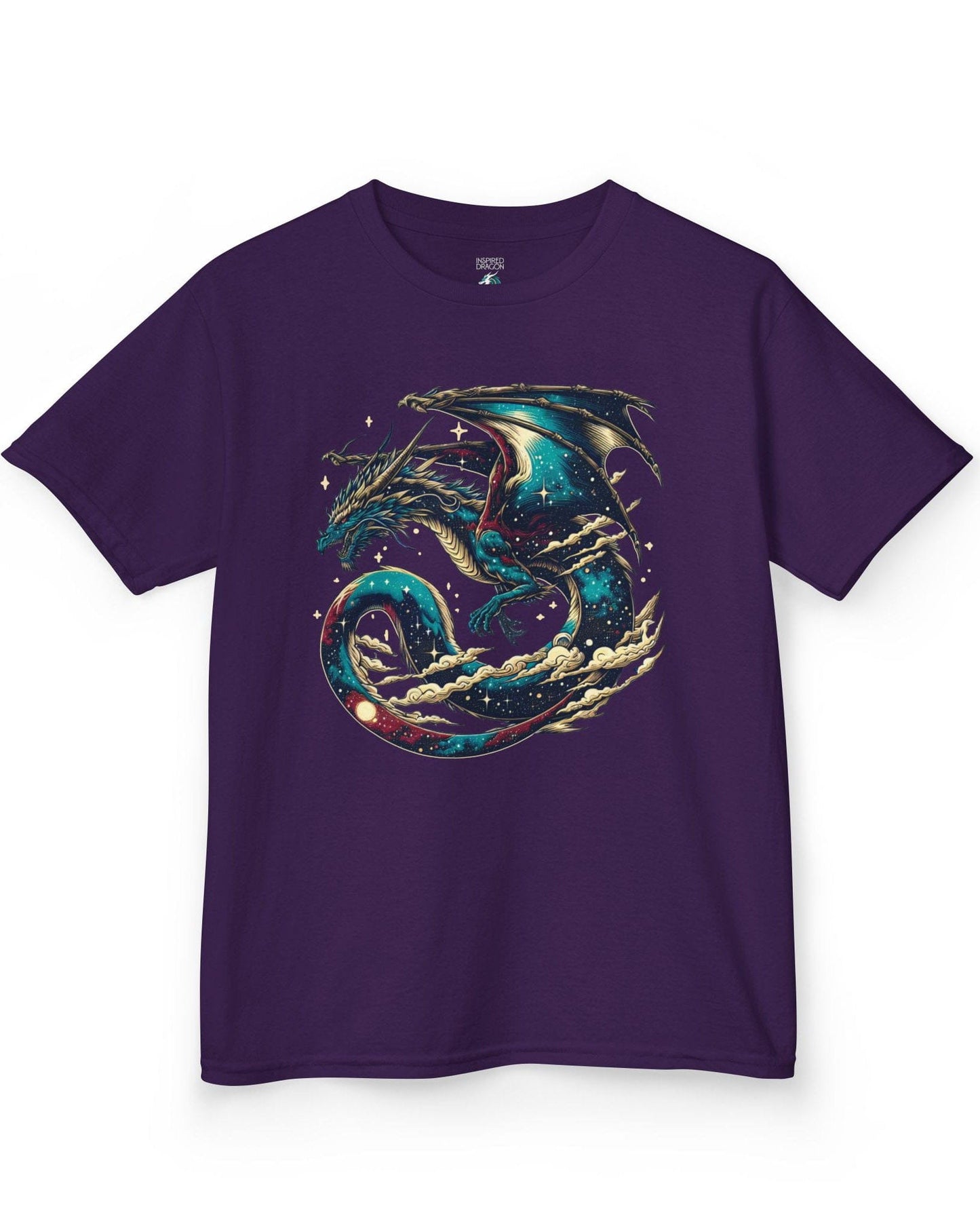 Celestial Serpent shirt in purple featuring a cosmic dragon with star-filled wings and swirling clouds