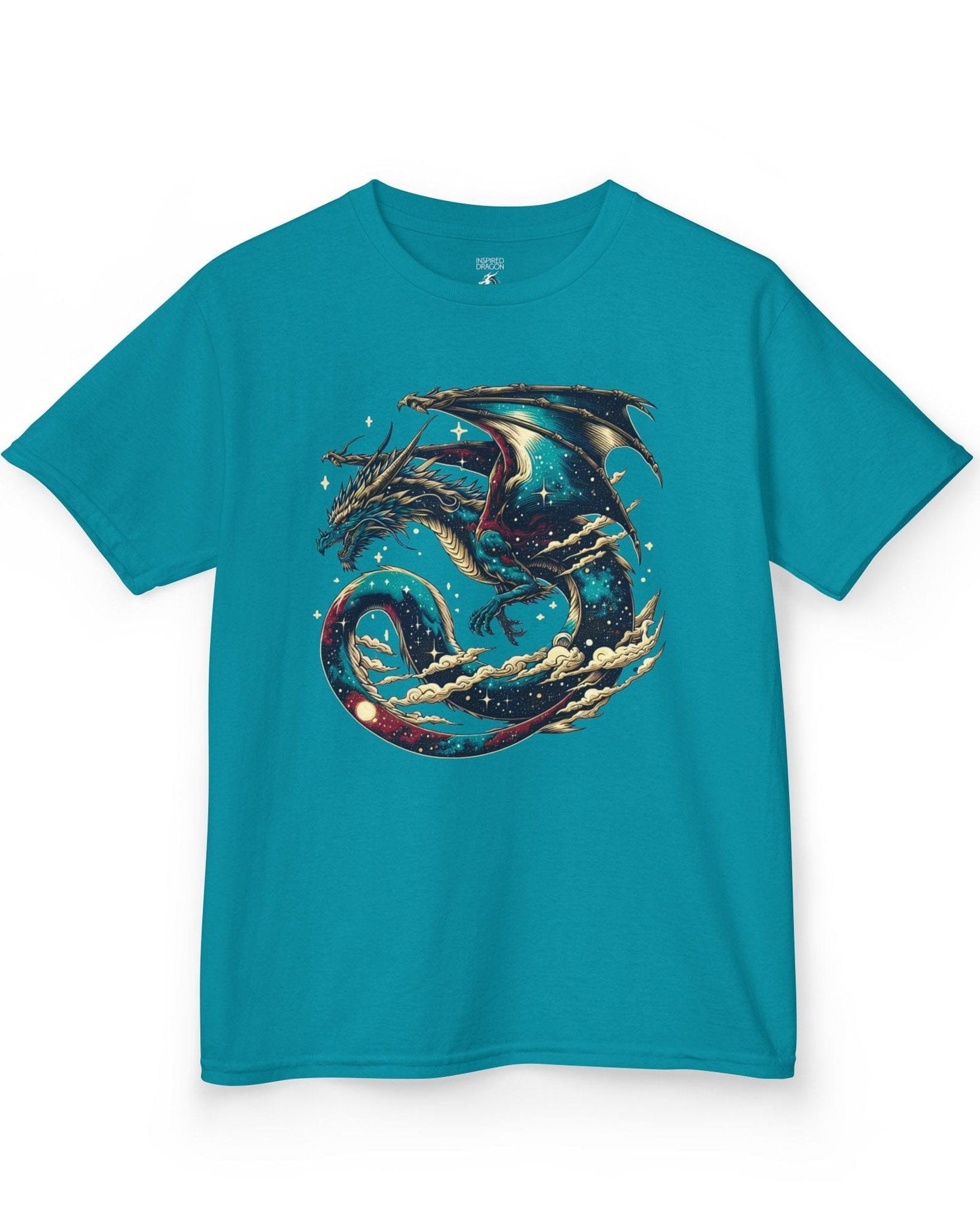 Celestial Serpent shirt in tropical blue featuring a cosmic dragon with star-filled wings and swirling clouds