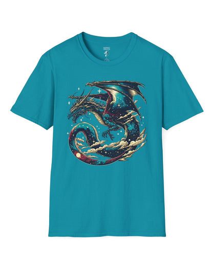 Celestial Serpent shirt in tropical blue featuring a cosmic dragon with star-filled wings and swirling clouds