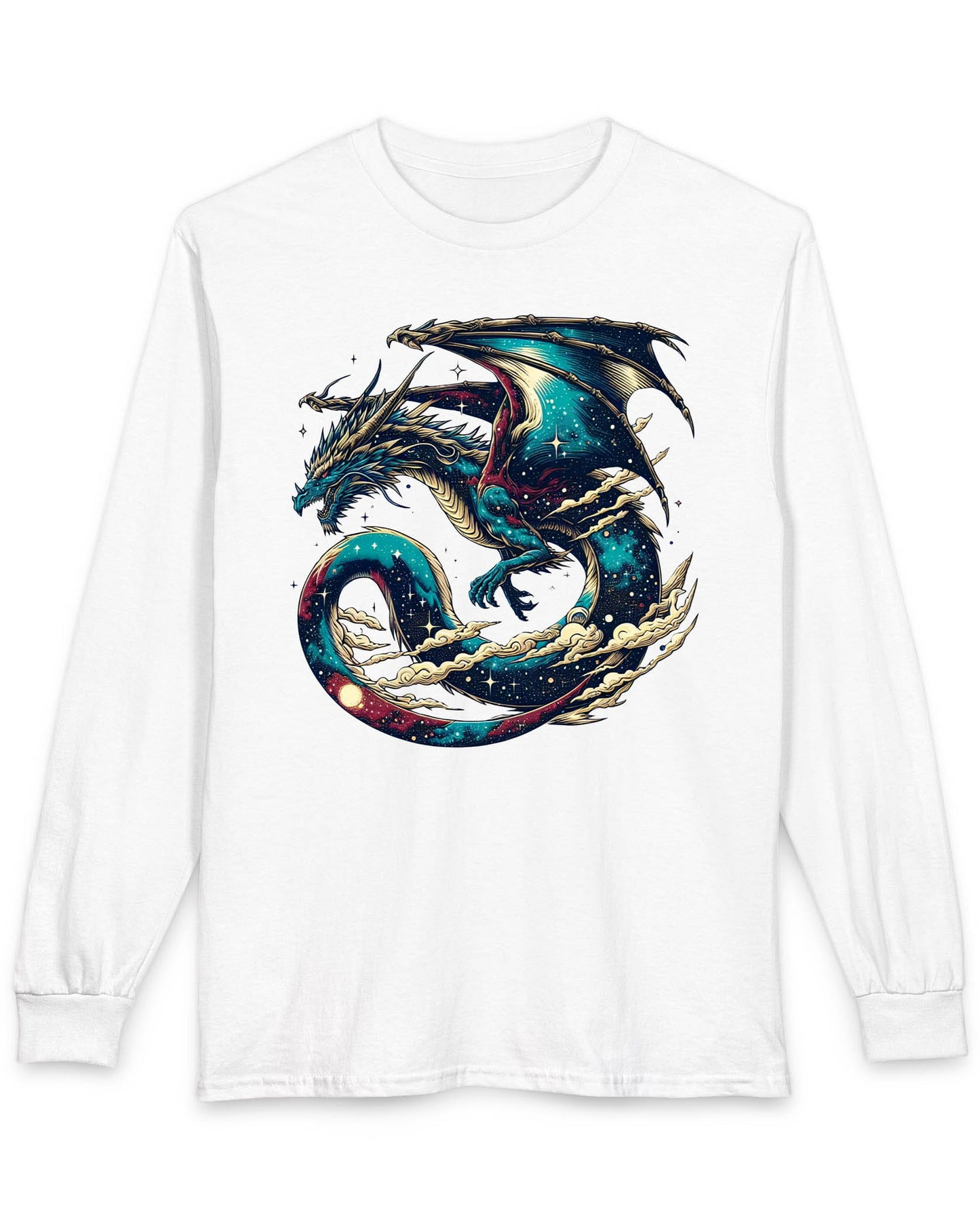 Celestial Serpent shirt in white featuring a cosmic dragon with star-filled wings and swirling clouds