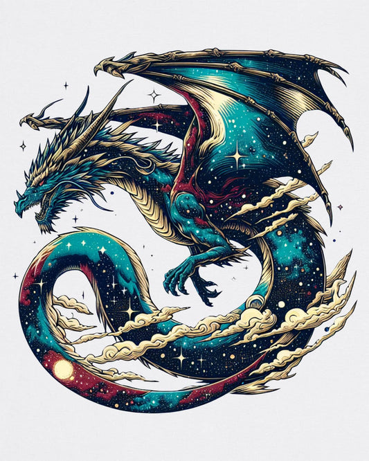 Celestial Serpent shirt in white, featuring a cosmic dragon with star-filled wings and swirling clouds.