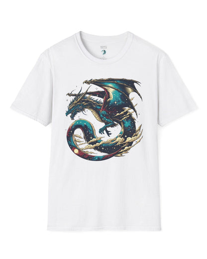 Celestial Serpent shirt in white, featuring a cosmic dragon with star-filled wings and swirling clouds.
