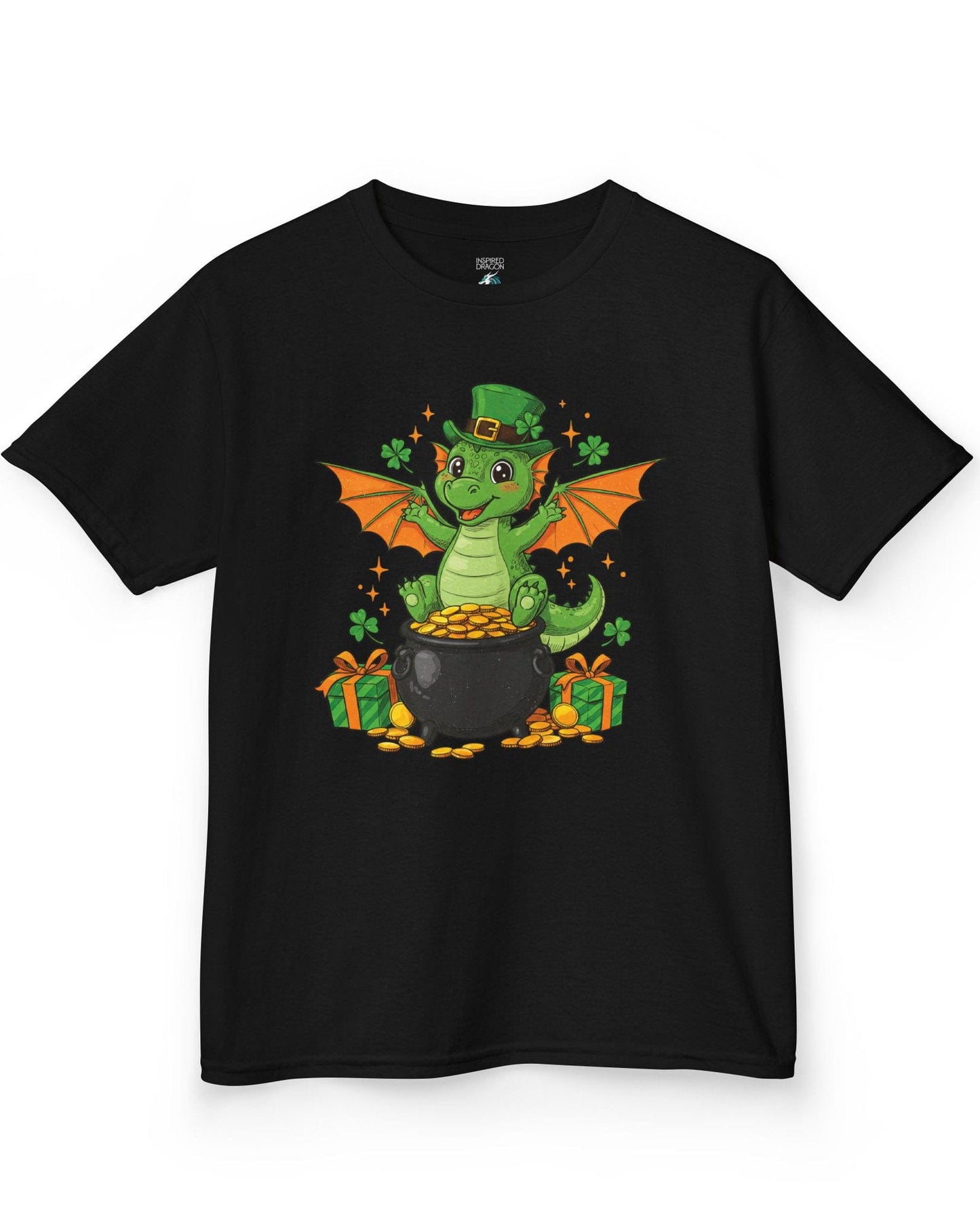 Luck o' the Dragon shirt in black featuring a cheerful green dragon in a leprechaun hat sitting on a pot of gold.