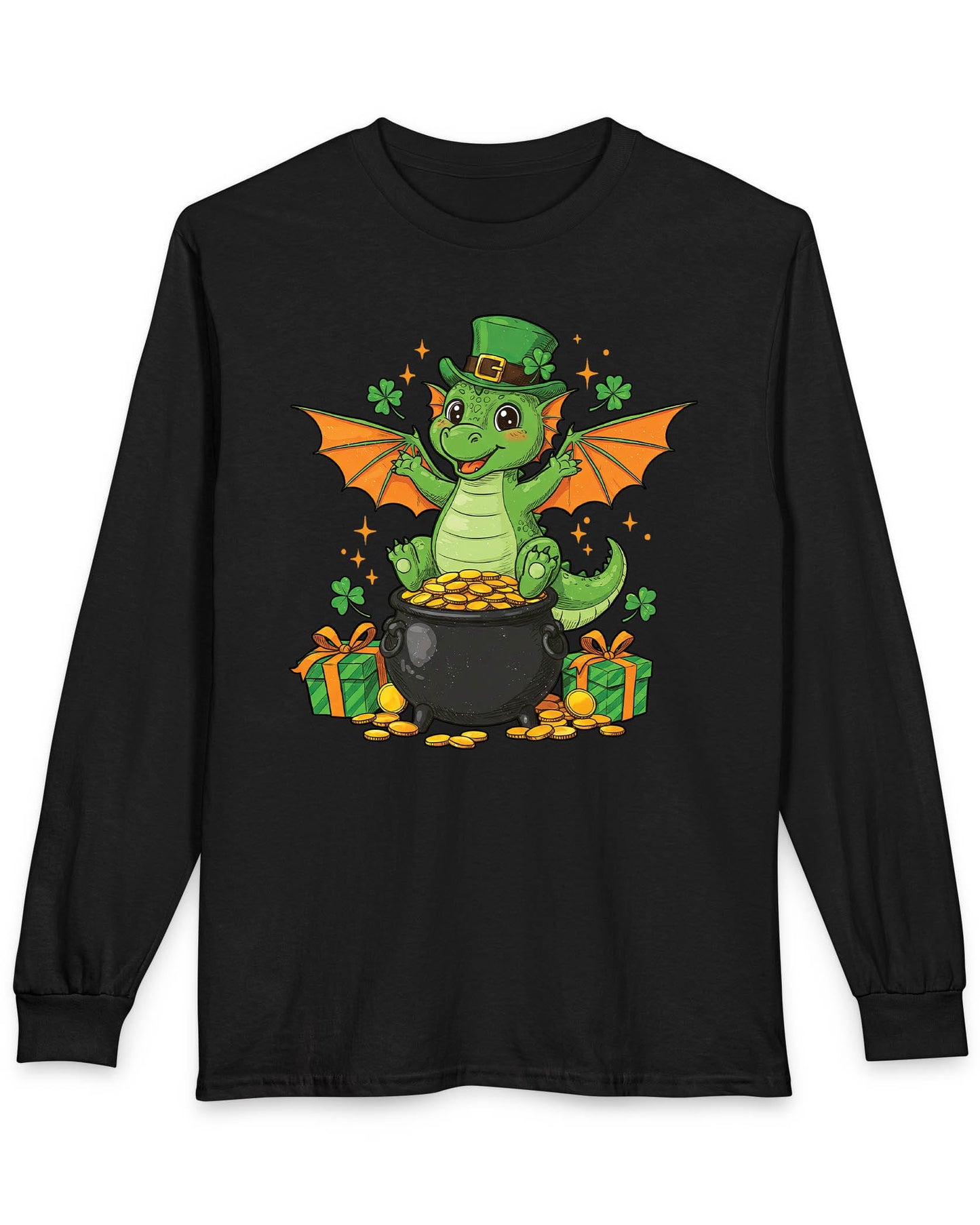 Luck o' the Dragon shirt in black featuring a cheerful green dragon in a leprechaun hat sitting on a pot of gold