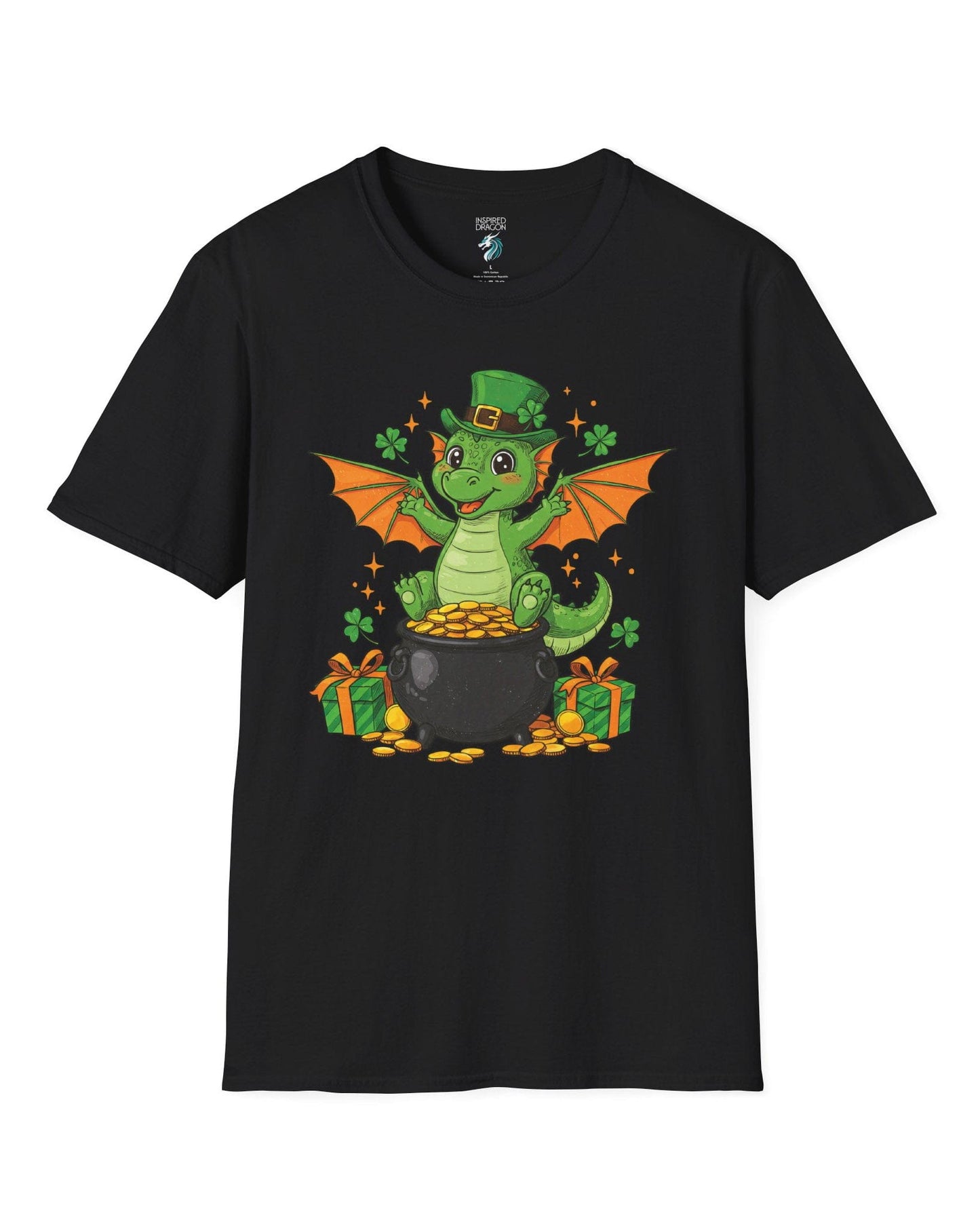Luck o' the Dragon shirt in black featuring a cheerful green dragon in a leprechaun hat sitting on a pot of gold.
