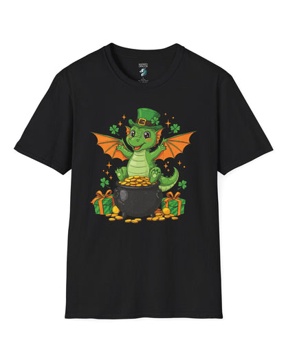 Luck o' the Dragon shirt in black featuring a cheerful green dragon in a leprechaun hat sitting on a pot of gold.
