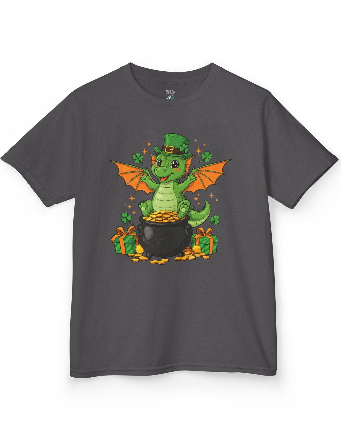 Luck o' the Dragon shirt in charcoal featuring a cheerful green dragon in a leprechaun hat sitting on a pot of gold.