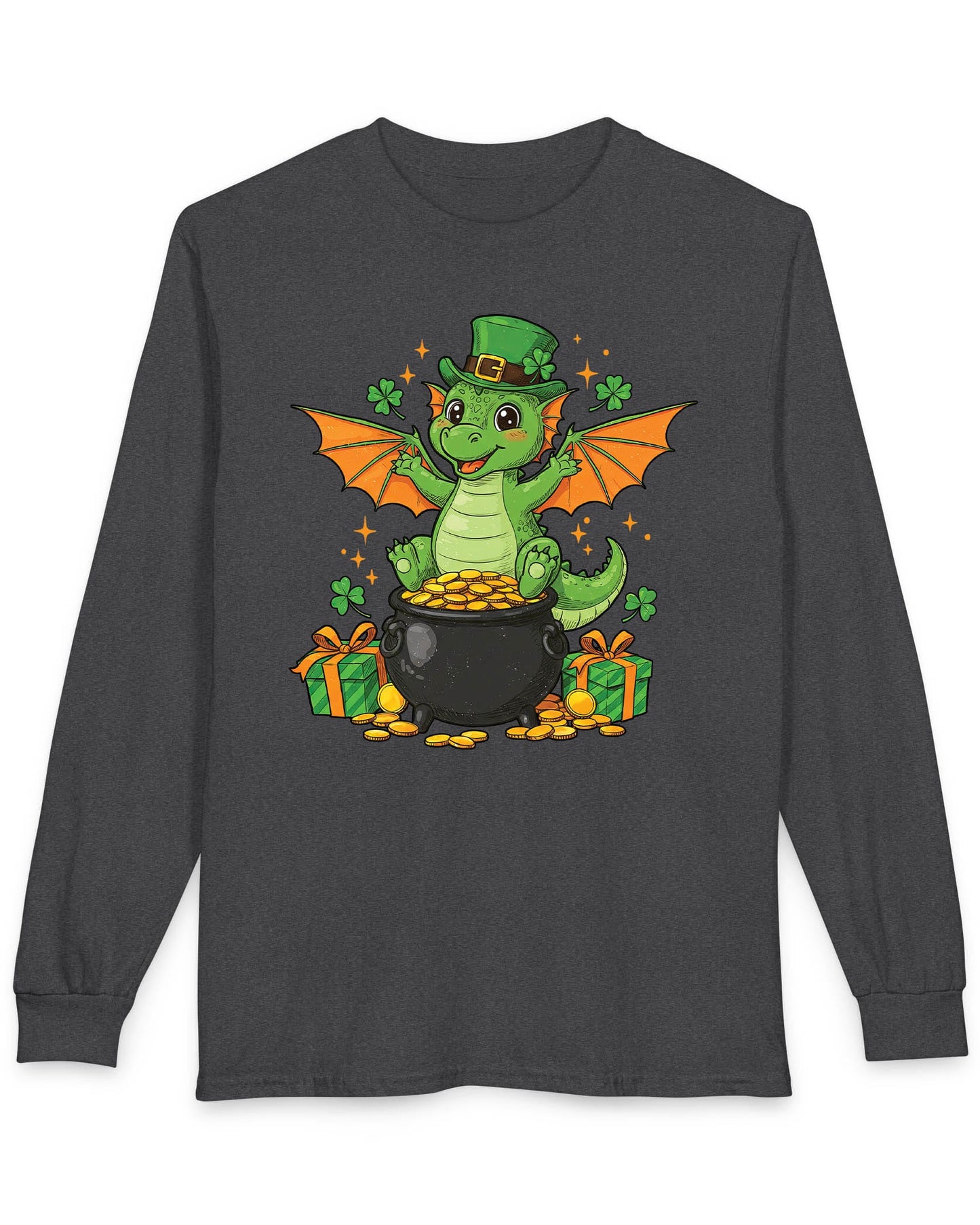 Luck o' the Dragon shirt in dark heather featuring a cheerful green dragon in a leprechaun hat sitting on a pot of gold
