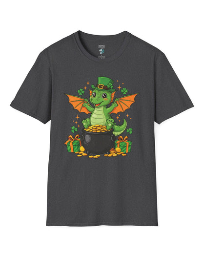 Luck o' the Dragon shirt in dark heather grey featuring a cheerful green dragon in a leprechaun hat sitting on a pot of gold.
