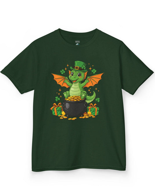 Luck o' the Dragon shirt in forest green featuring a cheerful green dragon in a leprechaun hat sitting on a pot of gold.