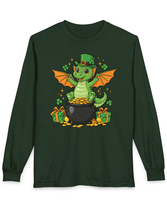 Luck o' the Dragon shirt in forest green featuring a cheerful green dragon in a leprechaun hat sitting on a pot of gold