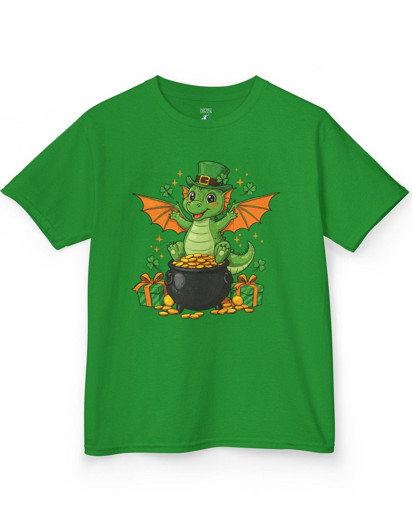 Luck o' the Dragon shirt in Irish green featuring a cheerful green dragon in a leprechaun hat sitting on a pot of gold.