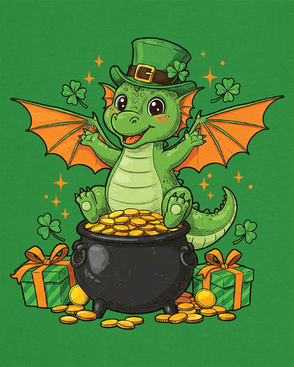 Luck o' the Dragon shirt in Irish green featuring a cheerful green dragon in a leprechaun hat sitting on a pot of gold.