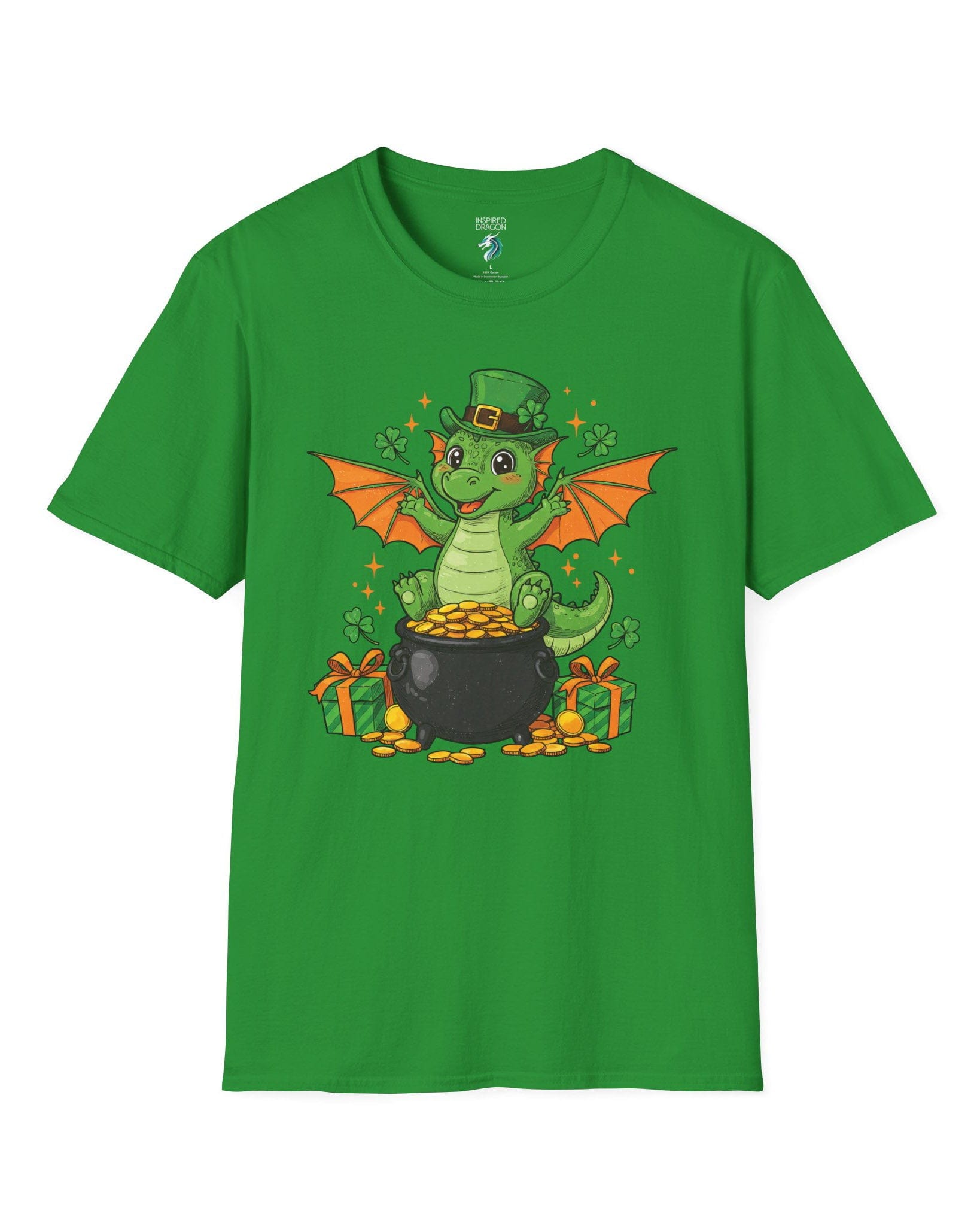 Luck o' the Dragon shirt in Irish green featuring a cheerful green dragon in a leprechaun hat sitting on a pot of gold.
