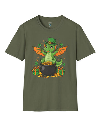 Luck o' the Dragon shirt in military green featuring a cheerful green dragon in a leprechaun hat sitting on a pot of gold.
