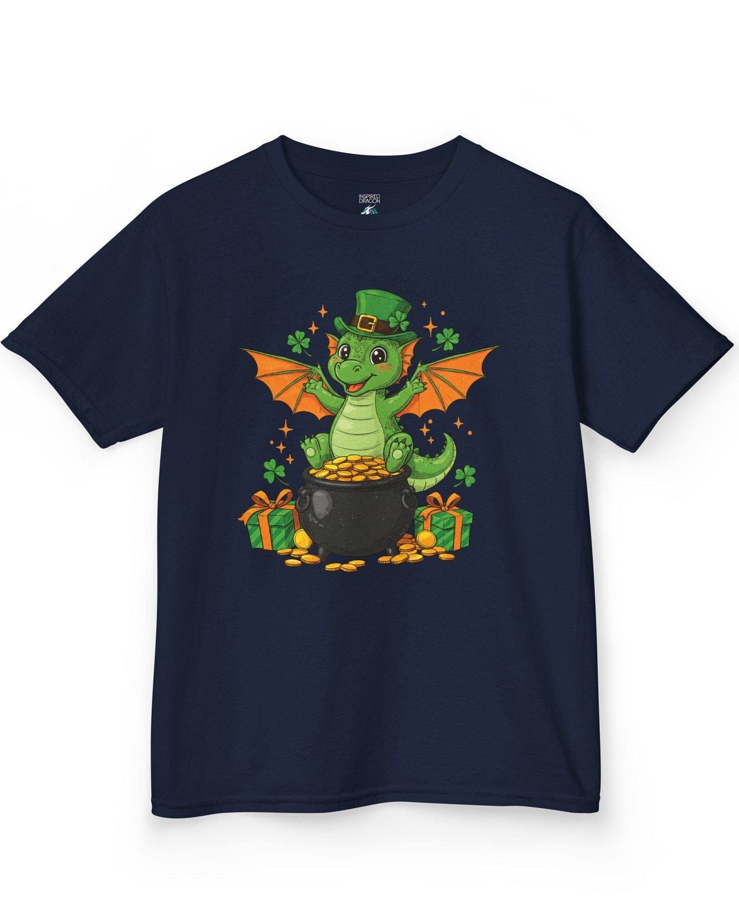 Luck o' the Dragon shirt in navy featuring a cheerful green dragon in a leprechaun hat sitting on a pot of gold.