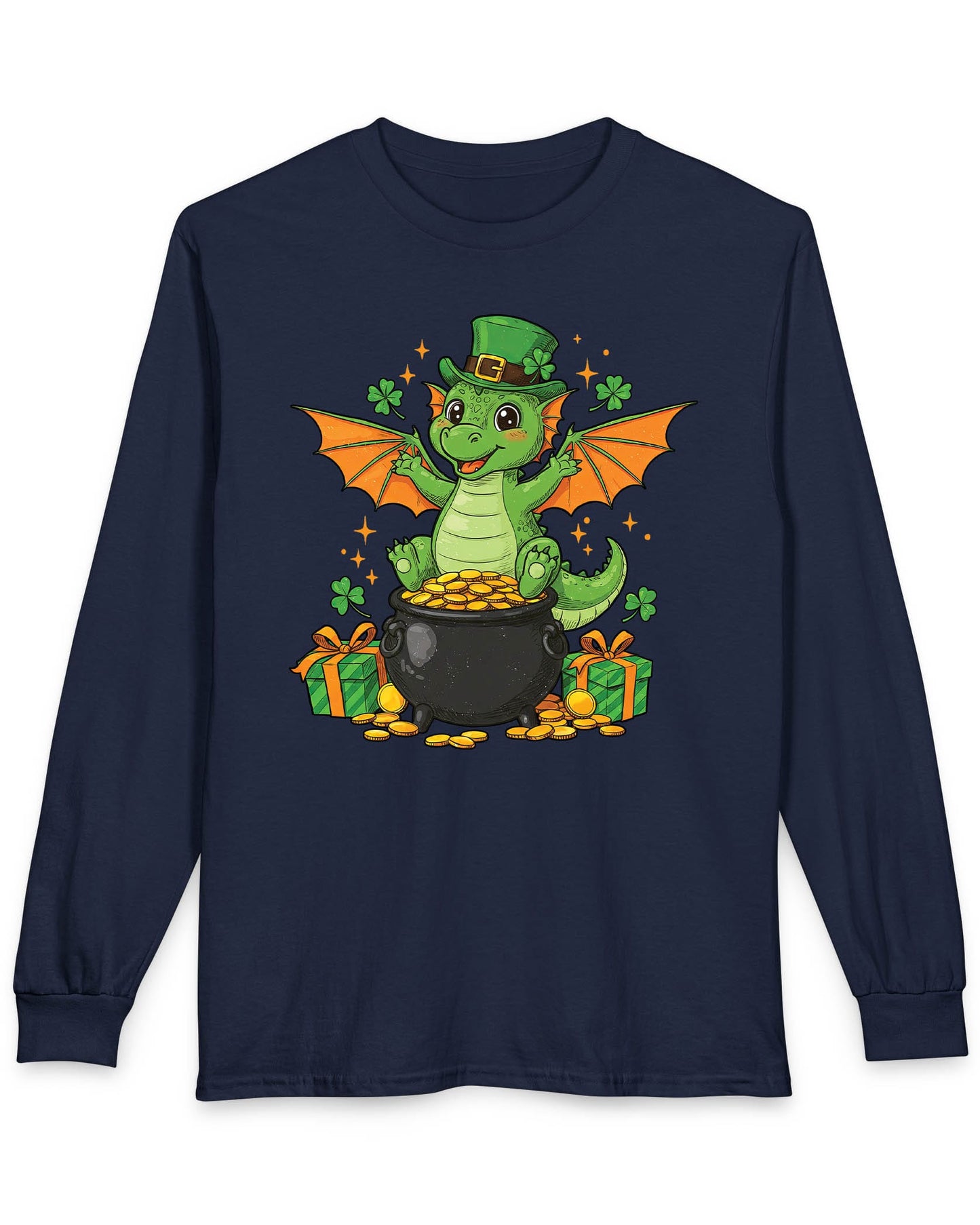 Luck o' the Dragon shirt in navy featuring a cheerful green dragon in a leprechaun hat sitting on a pot of gold