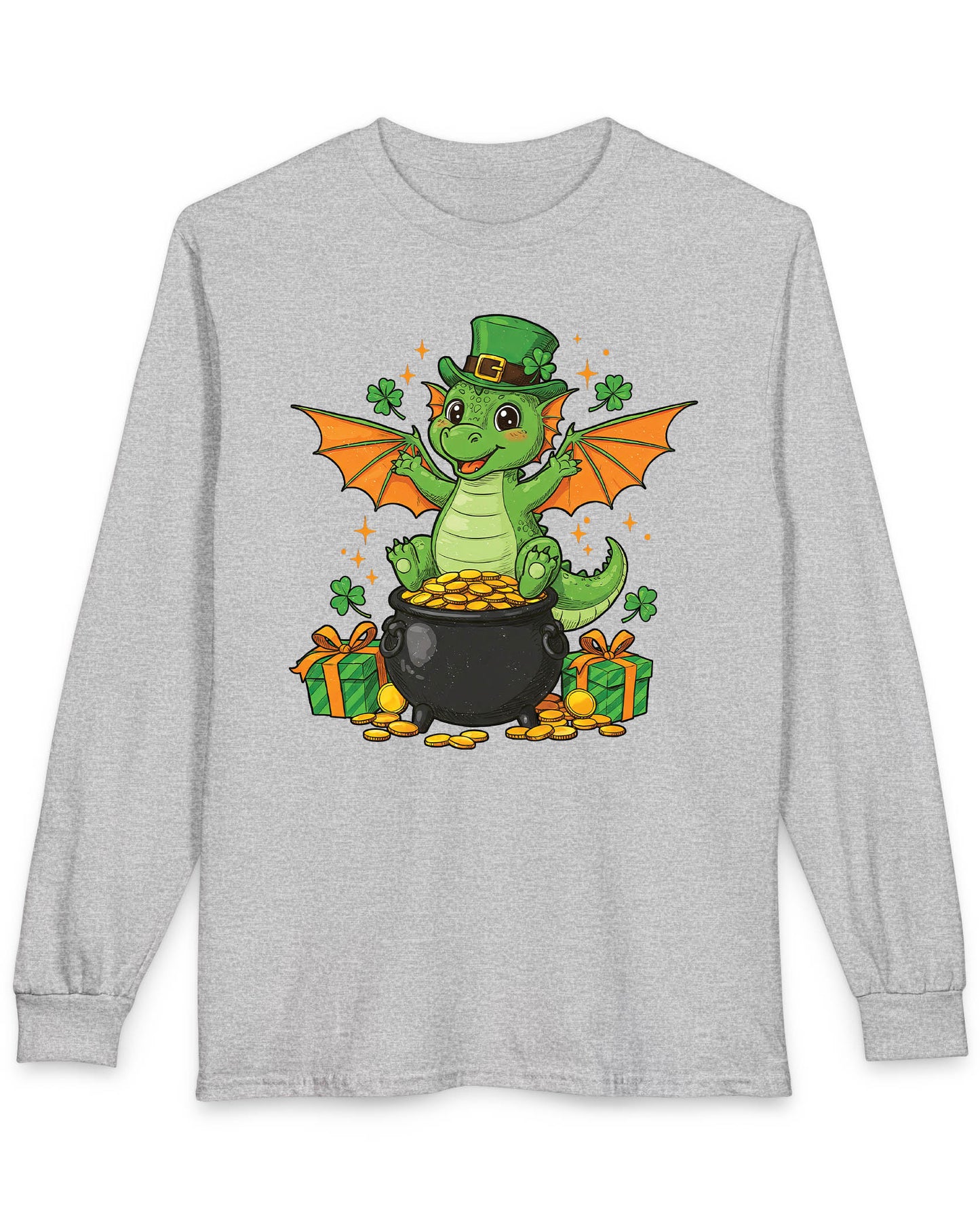 Luck o' the Dragon shirt in sport grey featuring a cheerful green dragon in a leprechaun hat sitting on a pot of gold