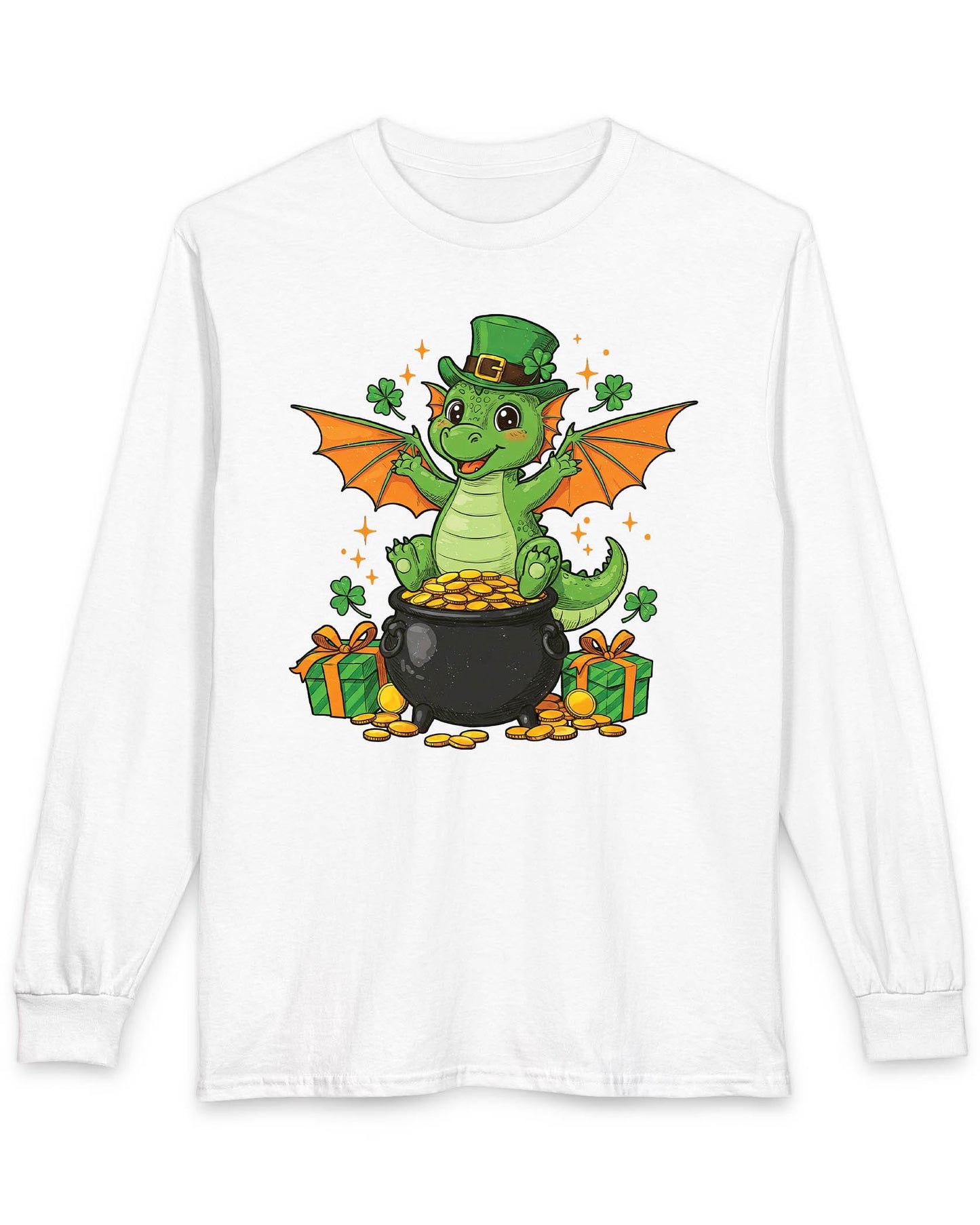 Luck o' the Dragon shirt in white featuring a cheerful green dragon in a leprechaun hat sitting on a pot of gold