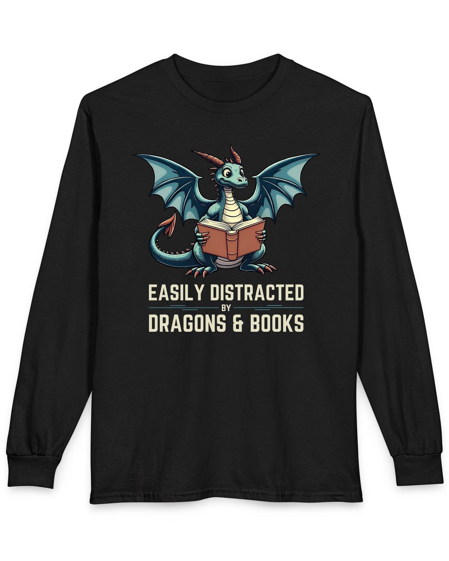 Easily Distracted by Dragons & Books shirt in black featuring a teal dragon reading an open book with wide eyes.