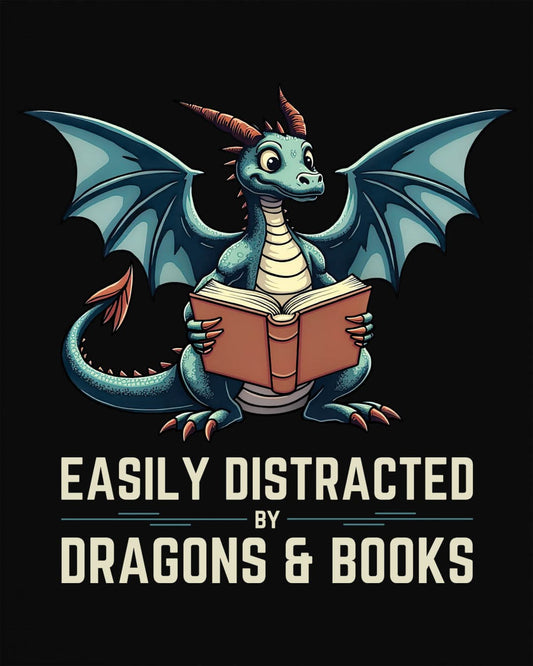 Easily Distracted by Dragons & Books shirt in black featuring a teal dragon reading an open book with wide eyes.