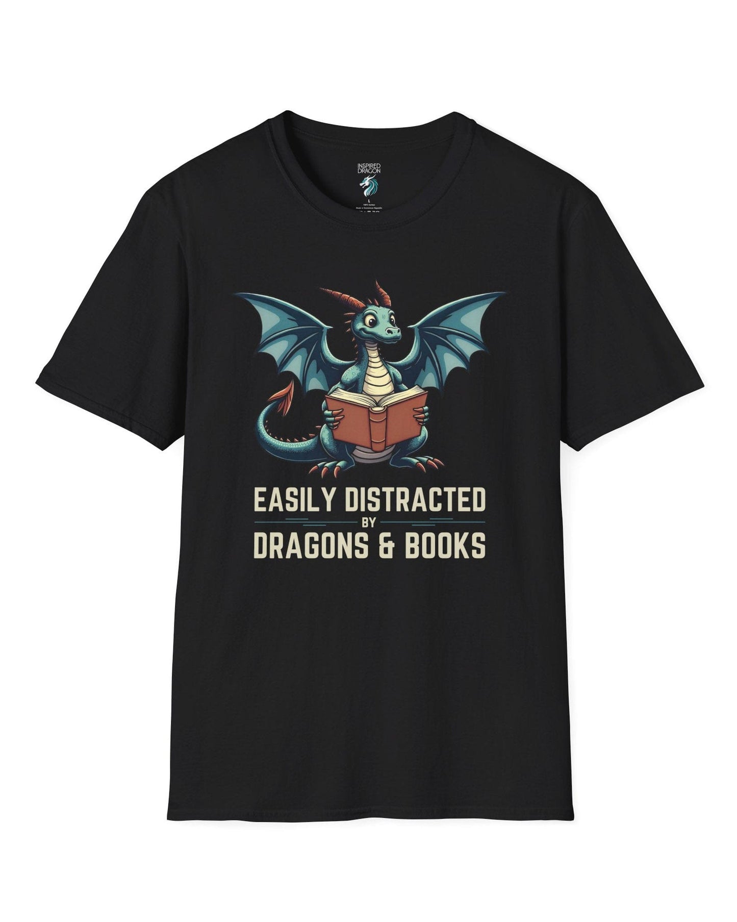 Easily Distracted by Dragons & Books shirt in black featuring a teal dragon reading an open book with wide eyes.
