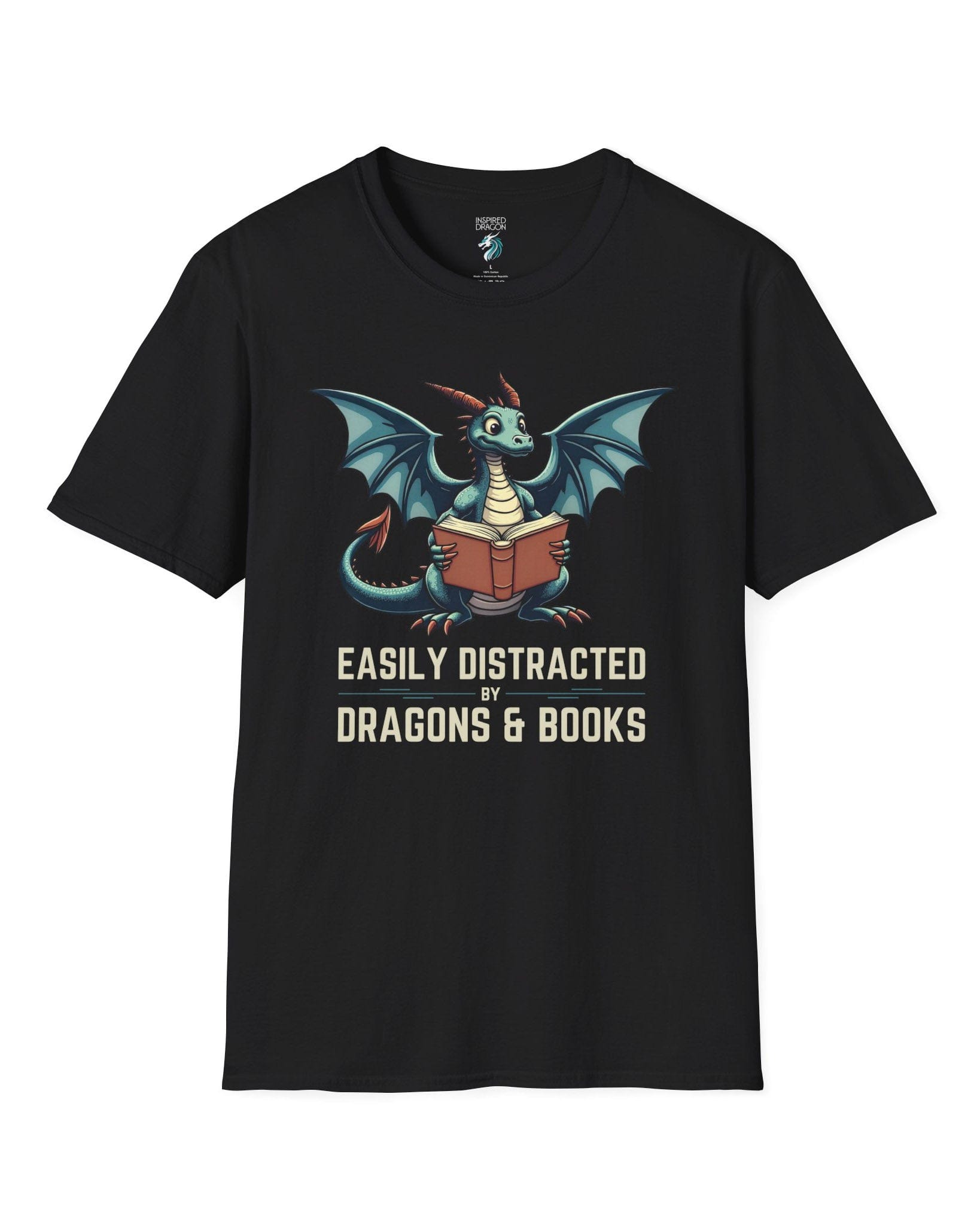 Easily Distracted by Dragons & Books shirt in black featuring a teal dragon reading an open book with wide eyes.
