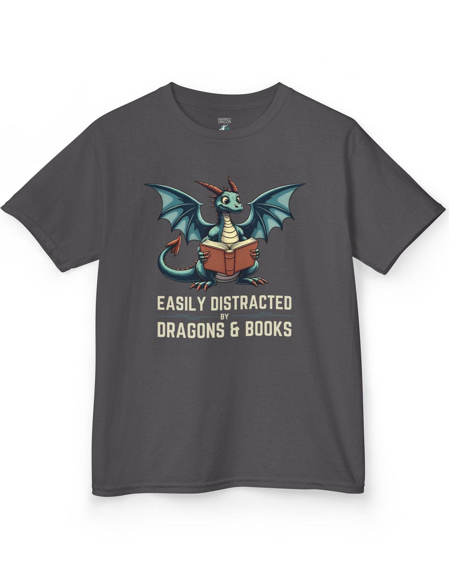 Easily Distracted by Dragons & Books shirt in charcoal featuring a teal dragon reading an open book with wide eyes.