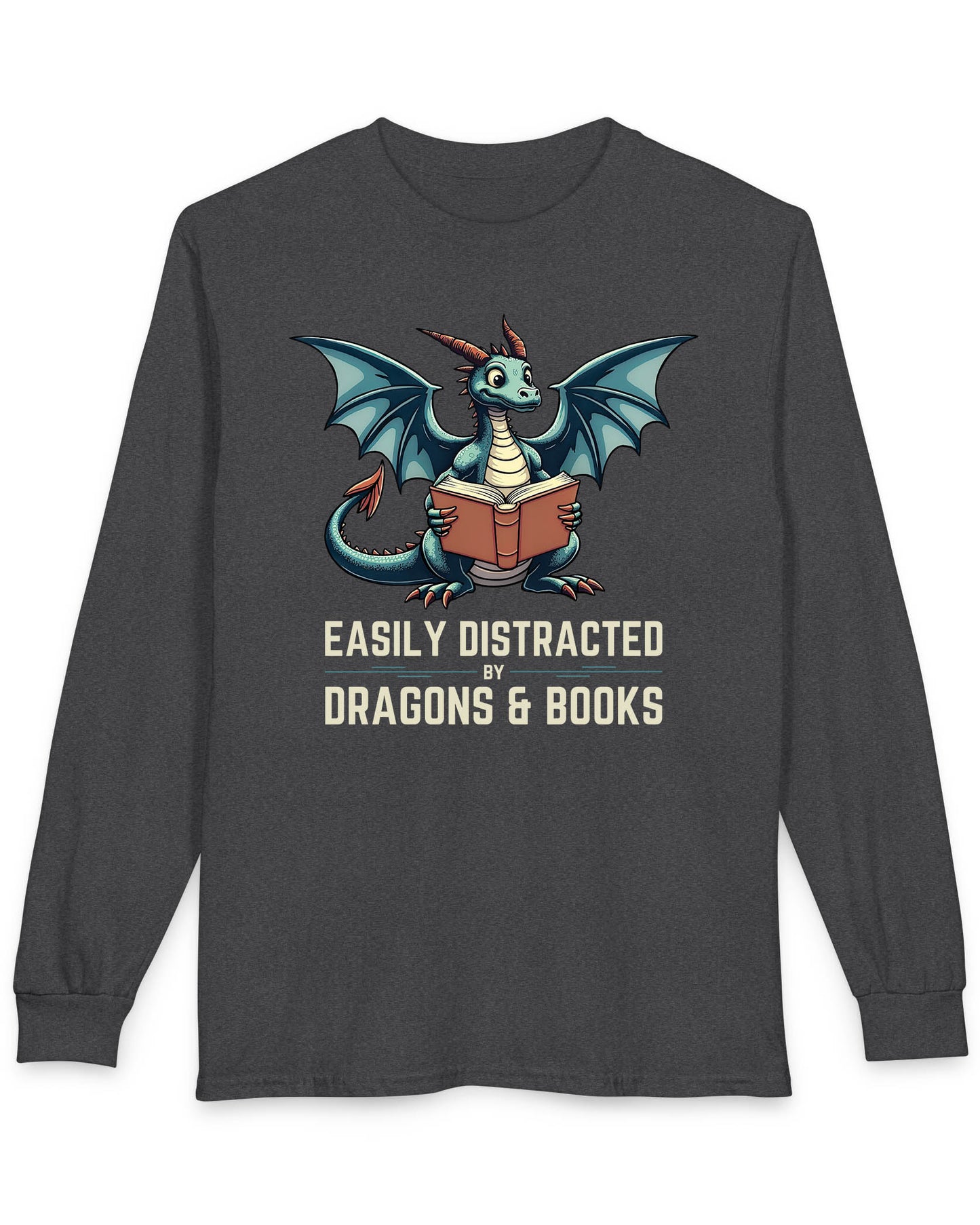 Easily Distracted by Dragons & Books shirt in dark heather grey featuring a teal dragon reading an open book with wide eyes.