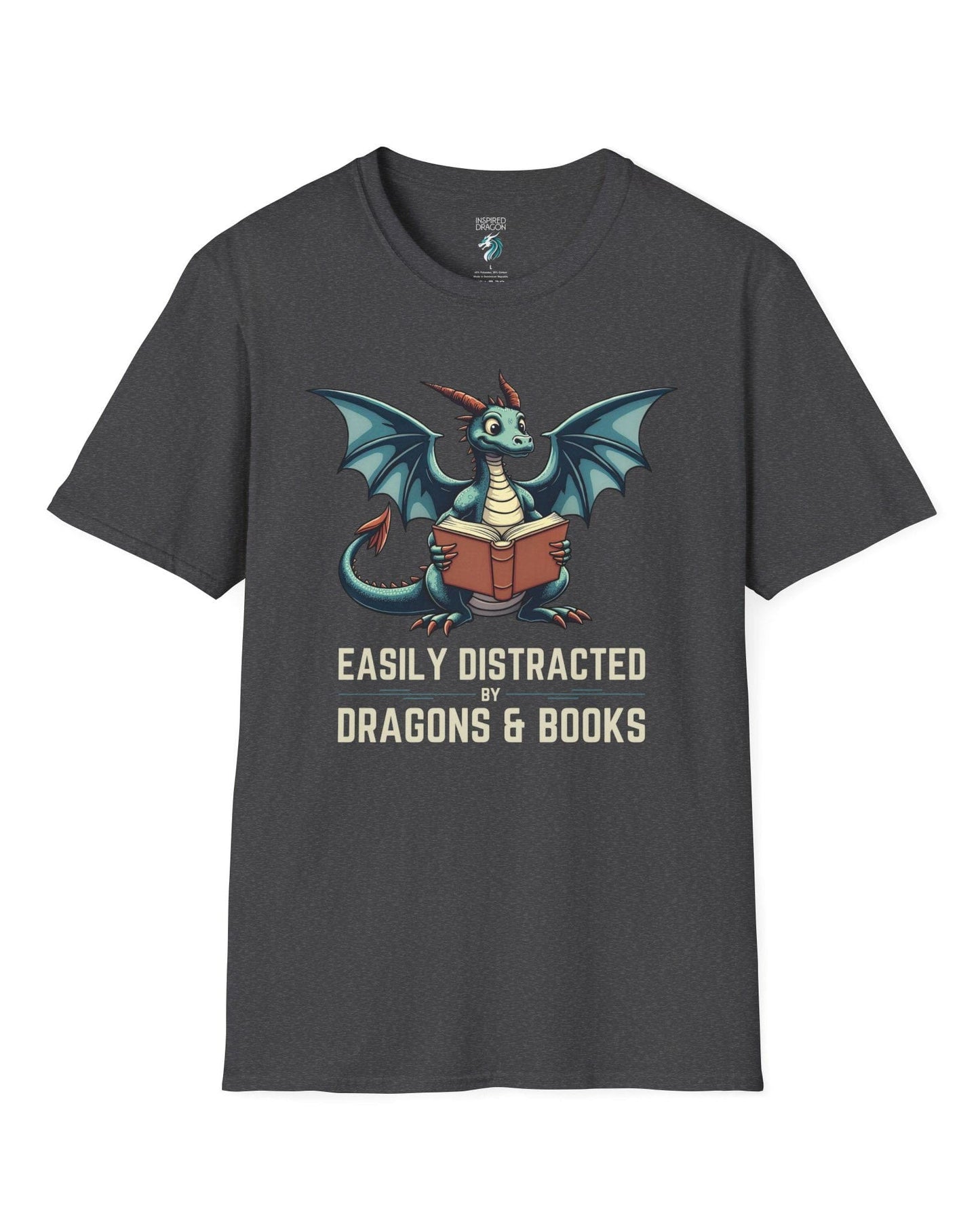 Easily Distracted by Dragons & Books shirt in dark heather grey featuring a teal dragon reading an open book with wide eyes.
