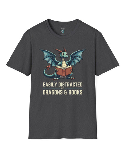 Easily Distracted by Dragons & Books shirt in dark heather grey featuring a teal dragon reading an open book with wide eyes.
