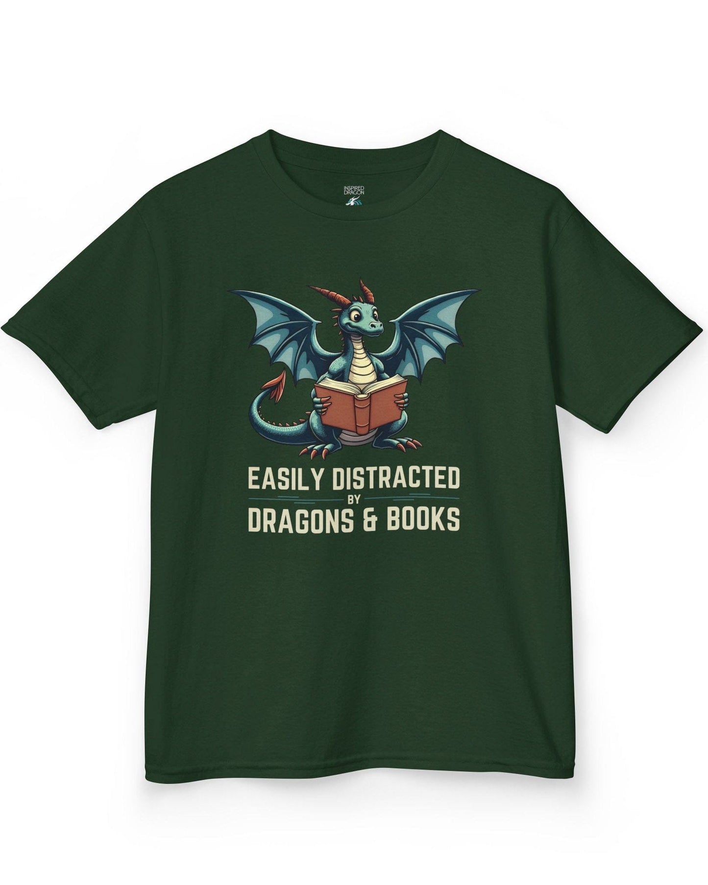 Easily Distracted by Dragons & Books shirt in forest green featuring a teal dragon reading an open book with wide eyes.