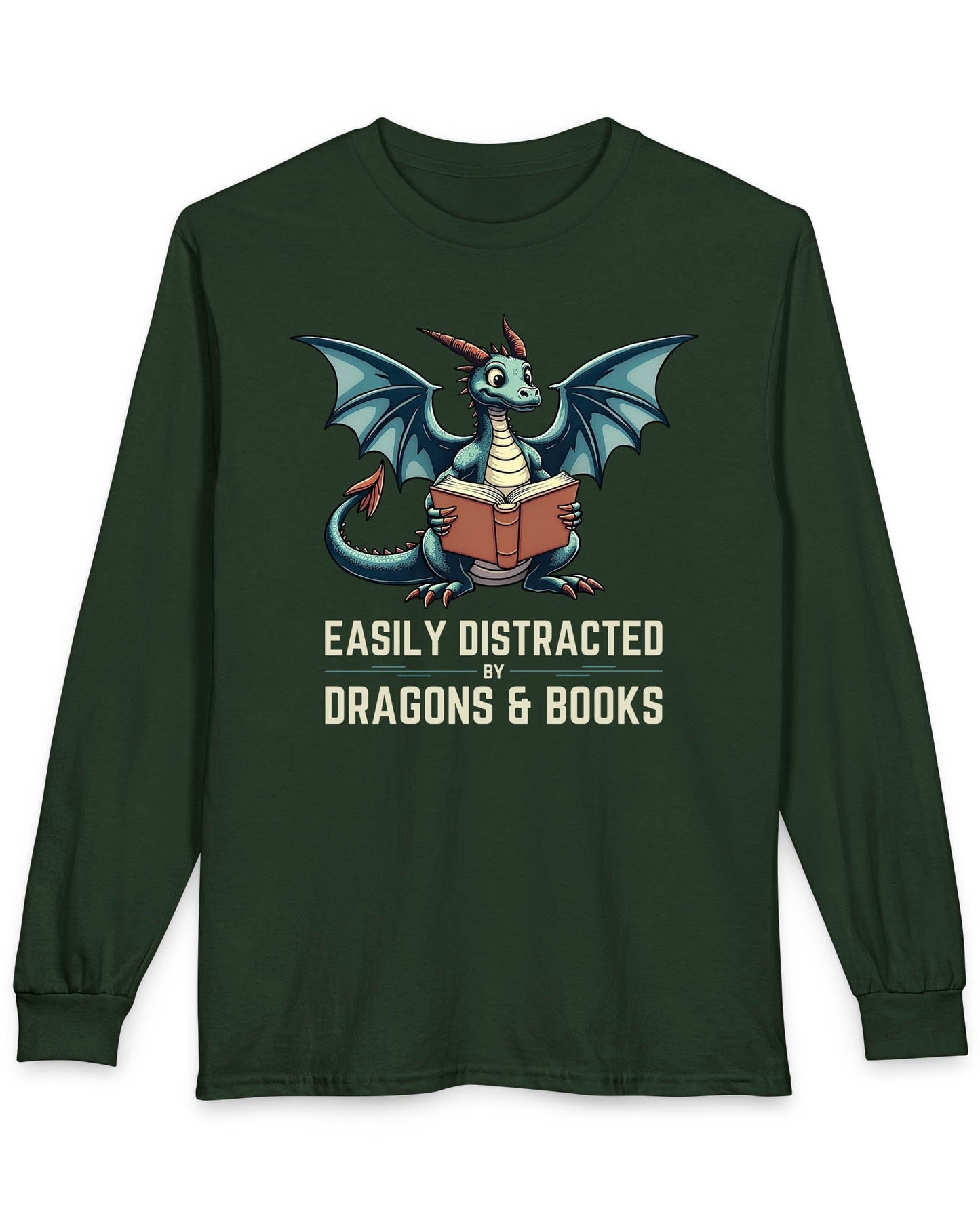 Easily Distracted by Dragons & Books shirt in forest green featuring a teal dragon reading an open book with wide eyes.