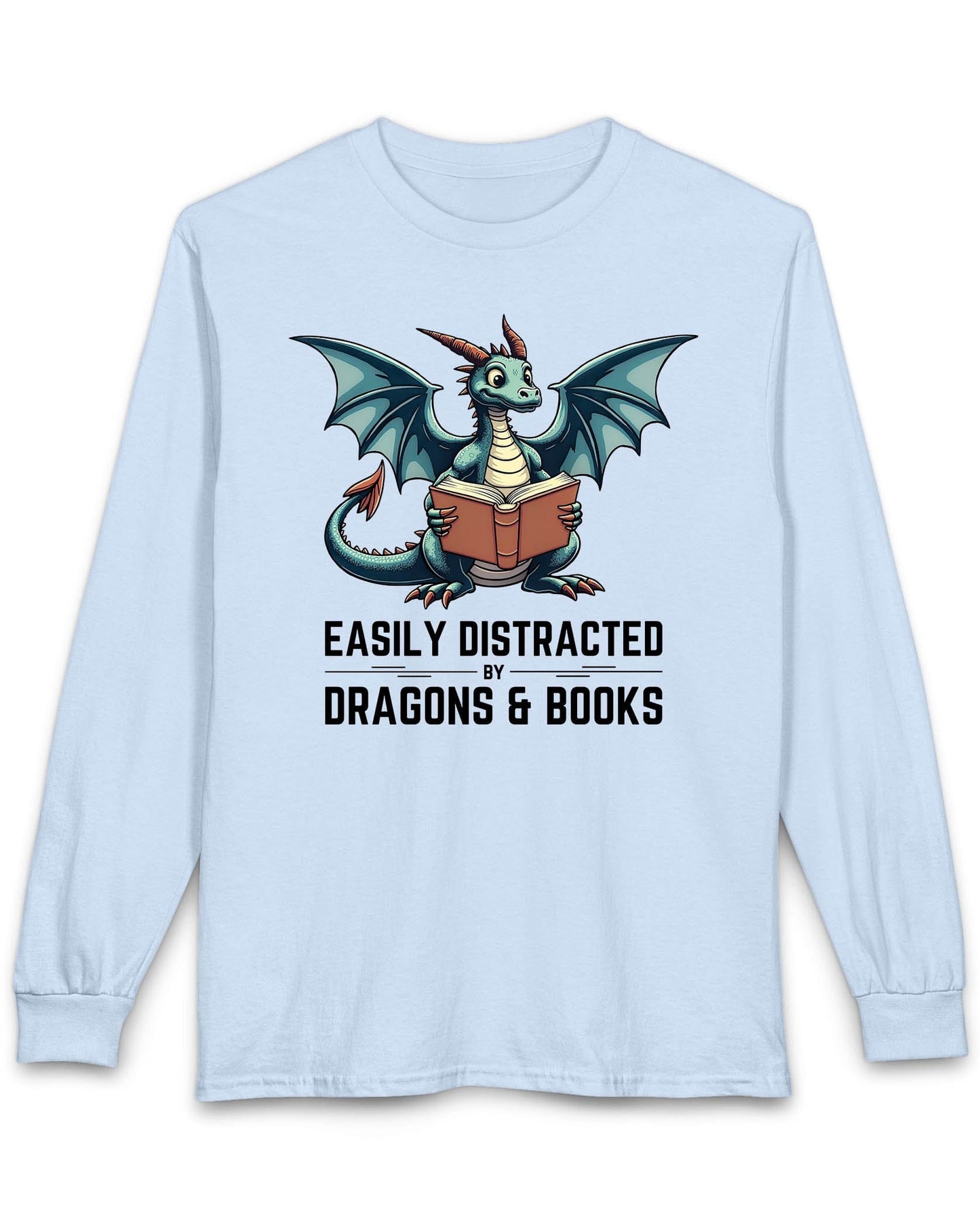 Easily Distracted by Dragons & Books shirt in light blue featuring a teal dragon reading an open book with wide eyes.