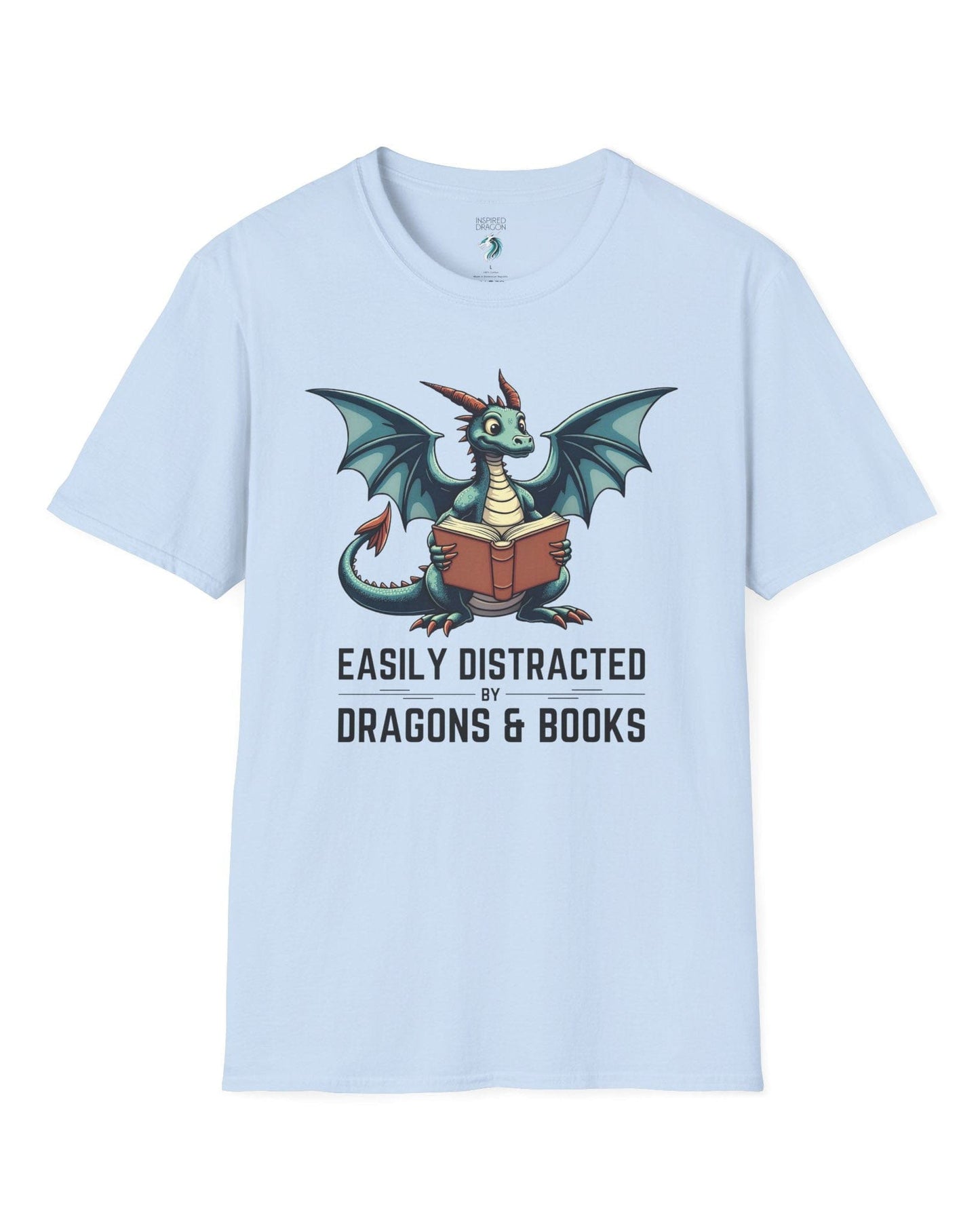 Easily Distracted by Dragons & Books shirt in light blue featuring a teal dragon reading an open book with wide eyes.
