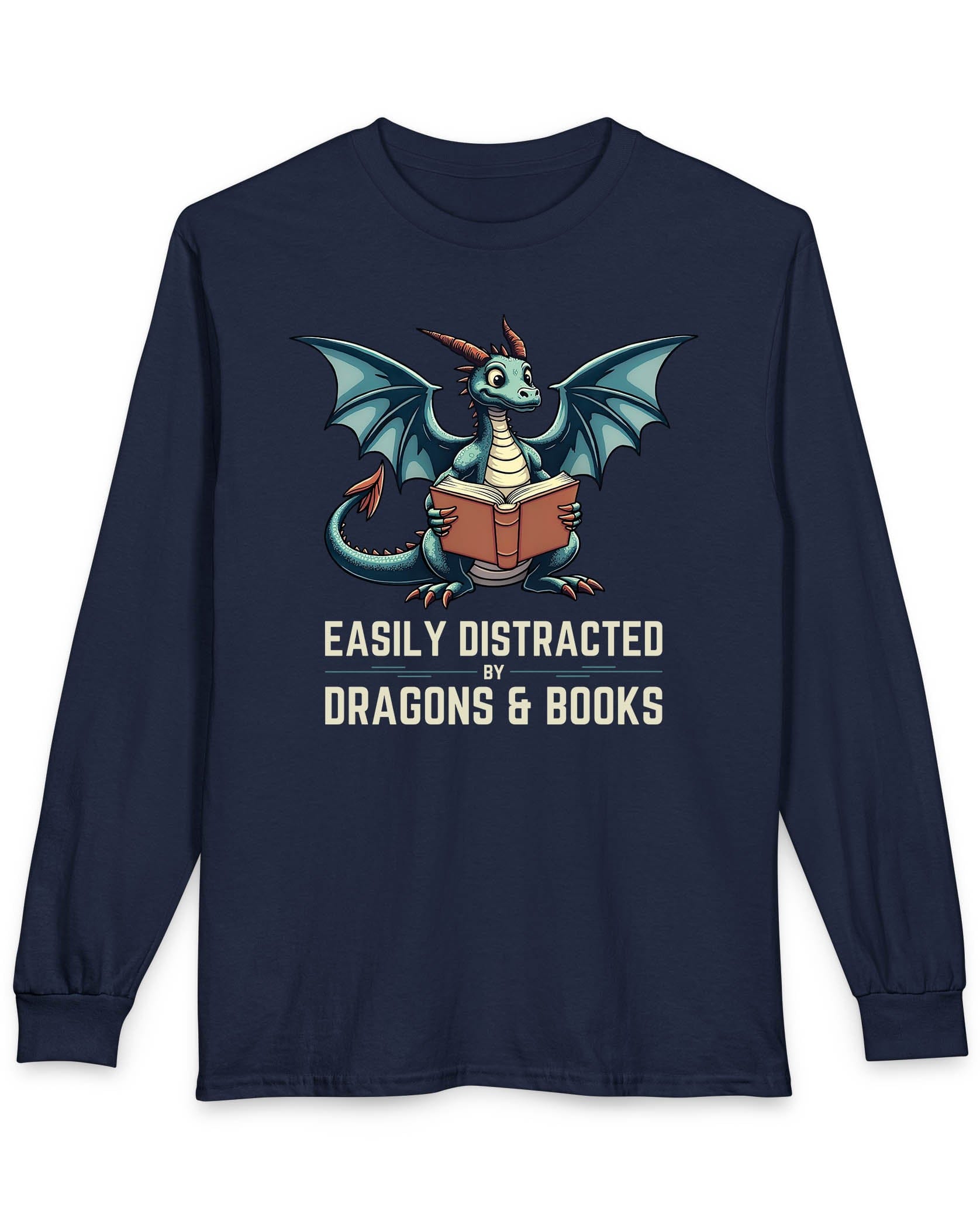 Easily Distracted by Dragons & Books shirt in navy featuring a teal dragon reading an open book with wide eyes.