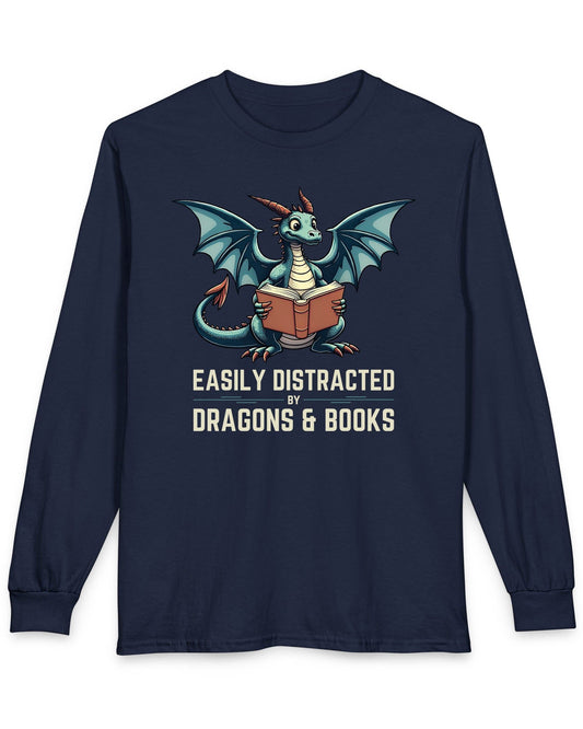 Easily Distracted by Dragons & Books shirt in navy featuring a teal dragon reading an open book with wide eyes.