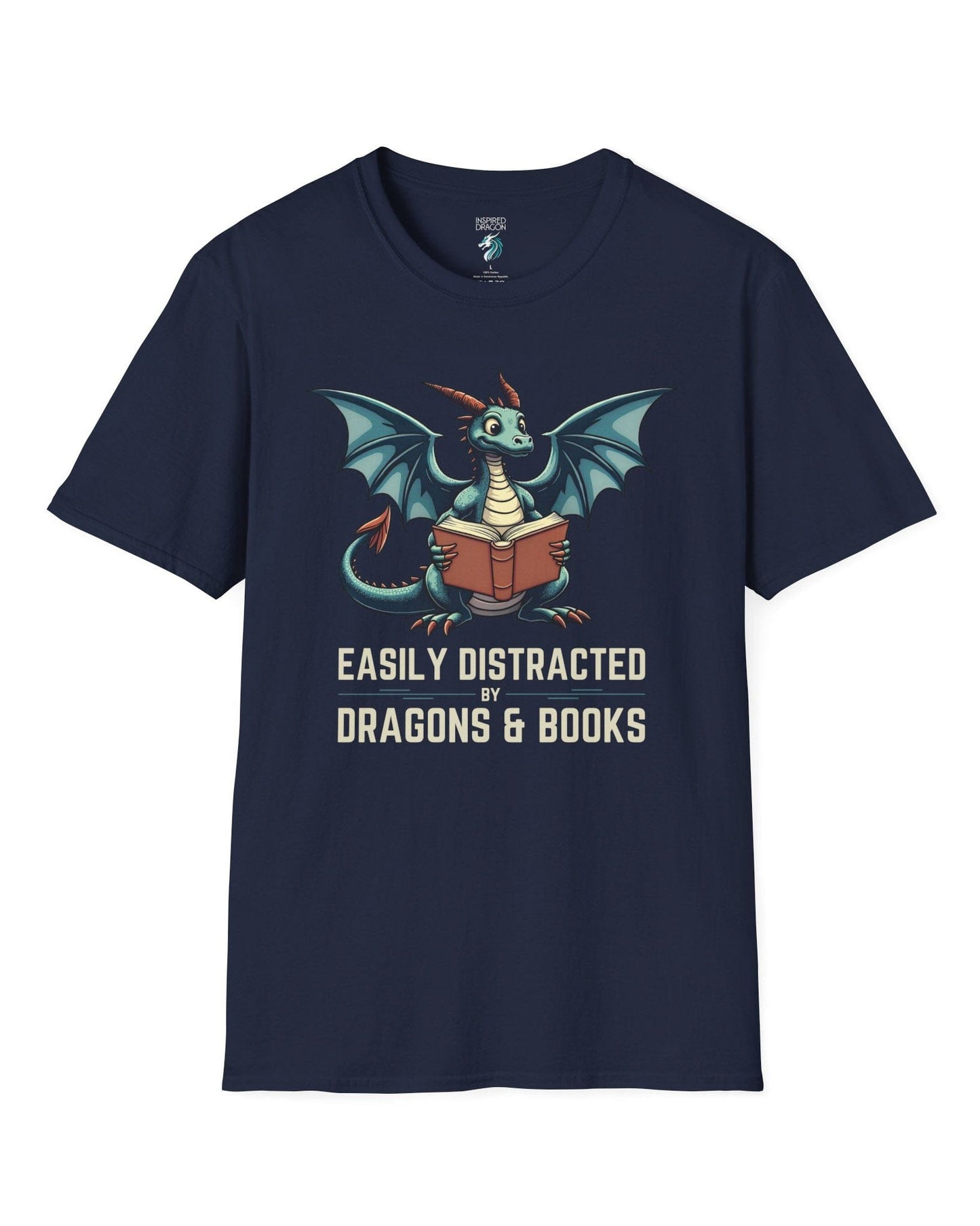 Easily Distracted by Dragons & Books shirt in navy featuring a teal dragon reading an open book with wide eyes.
