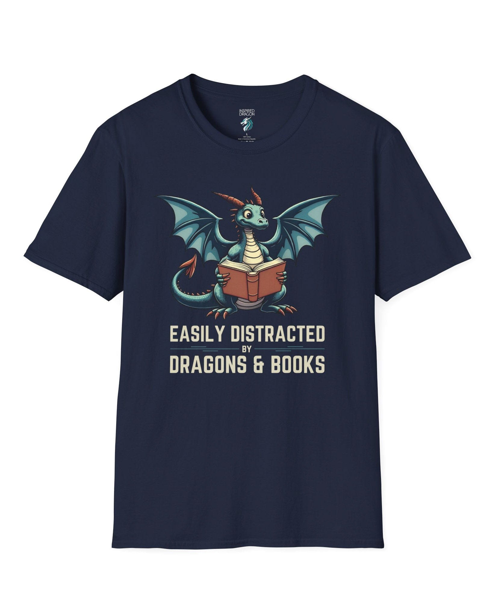 Easily Distracted by Dragons & Books shirt in navy featuring a teal dragon reading an open book with wide eyes.
