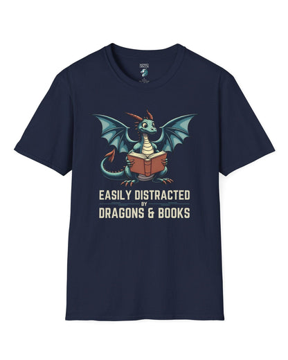 Easily Distracted by Dragons & Books shirt in navy featuring a teal dragon reading an open book with wide eyes.
