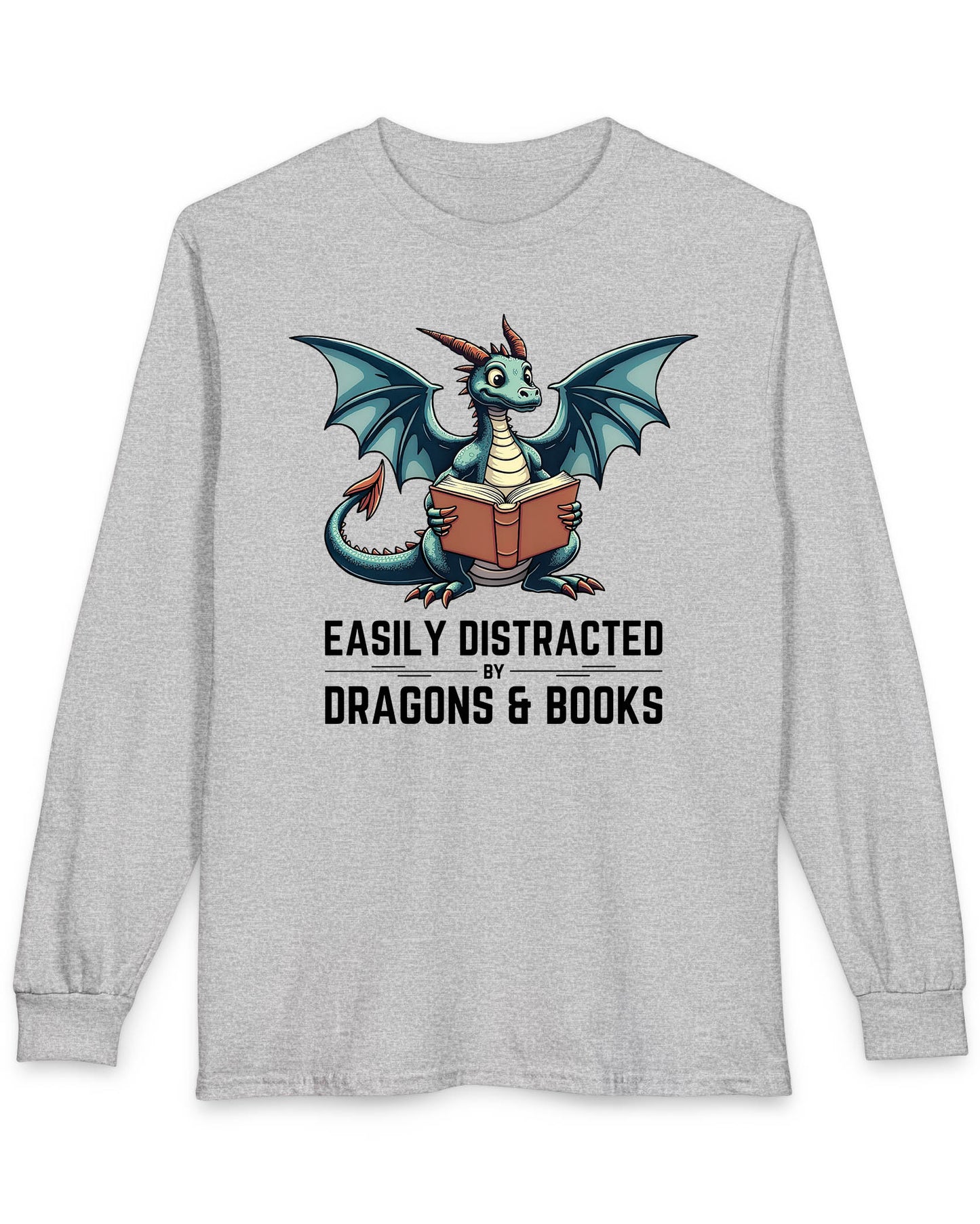 Easily Distracted by Dragons & Books shirt in sport grey featuring a teal dragon reading an open book with wide eyes.