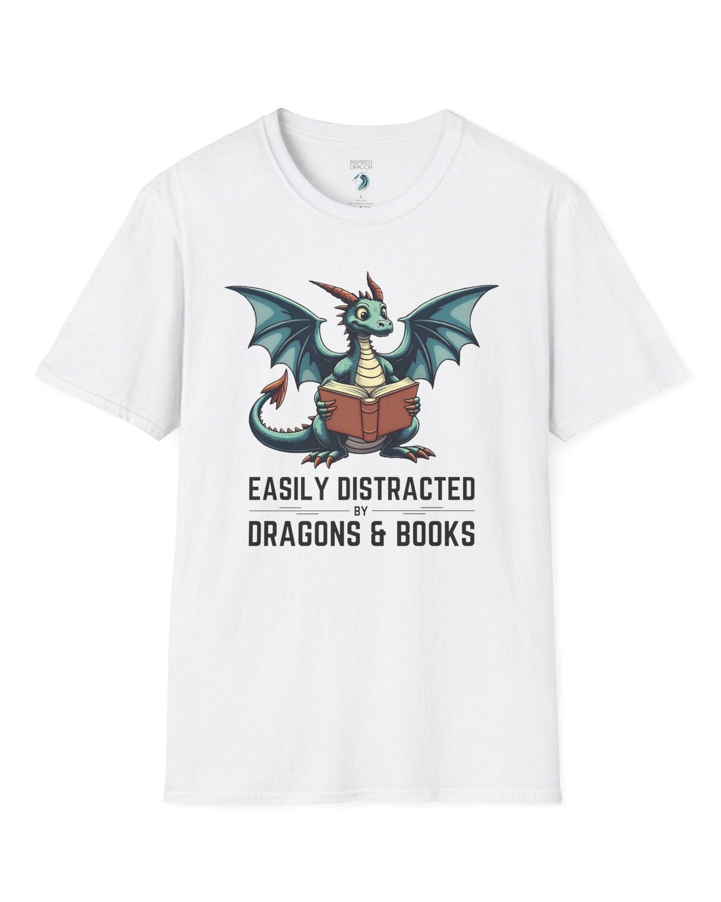 Easily Distracted by Dragons & Books shirt in white featuring a teal dragon reading an open book with wide eyes.
