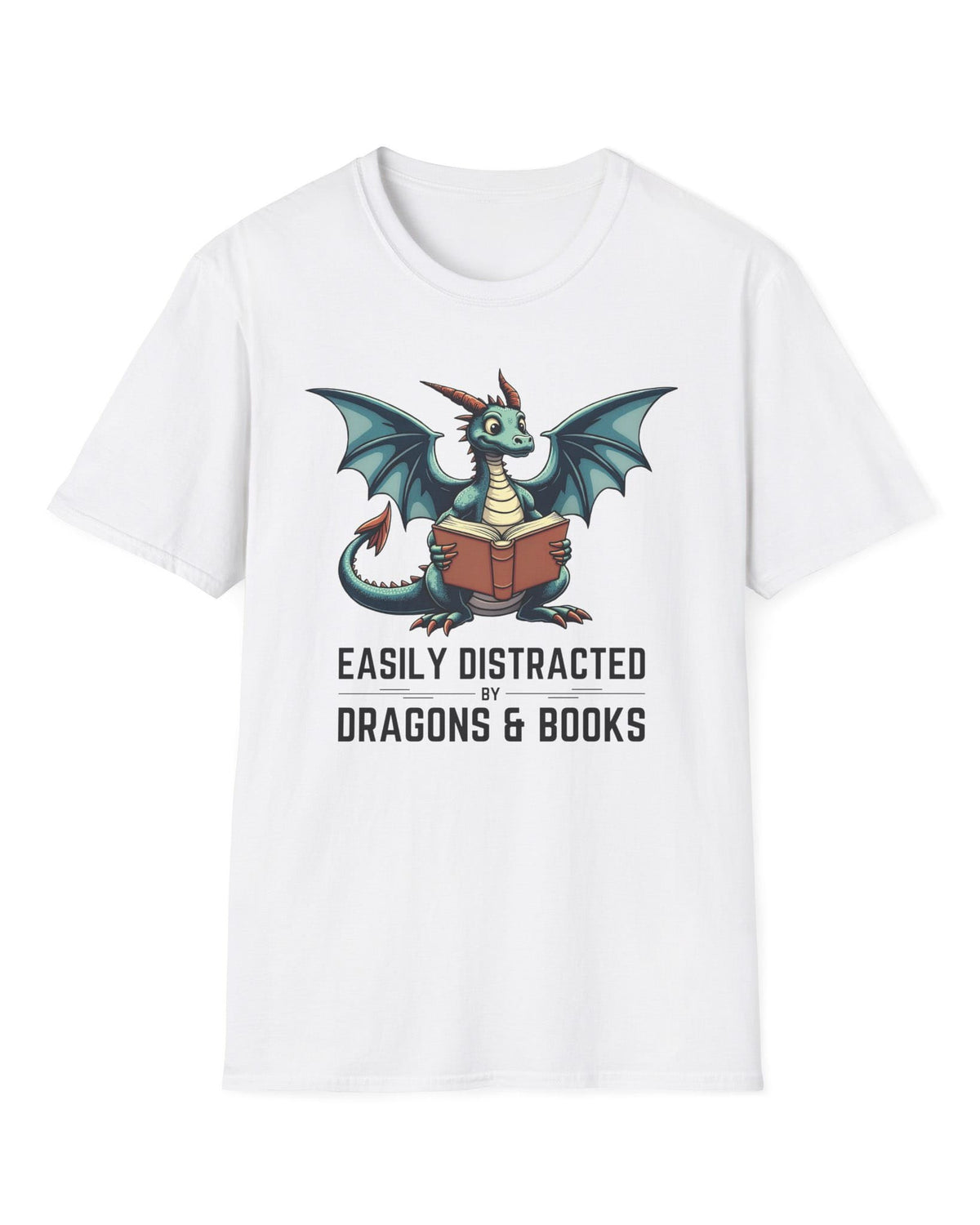 Easily Distracted by Dragons & Books shirt in white featuring a teal dragon reading an open book with wide eyes.