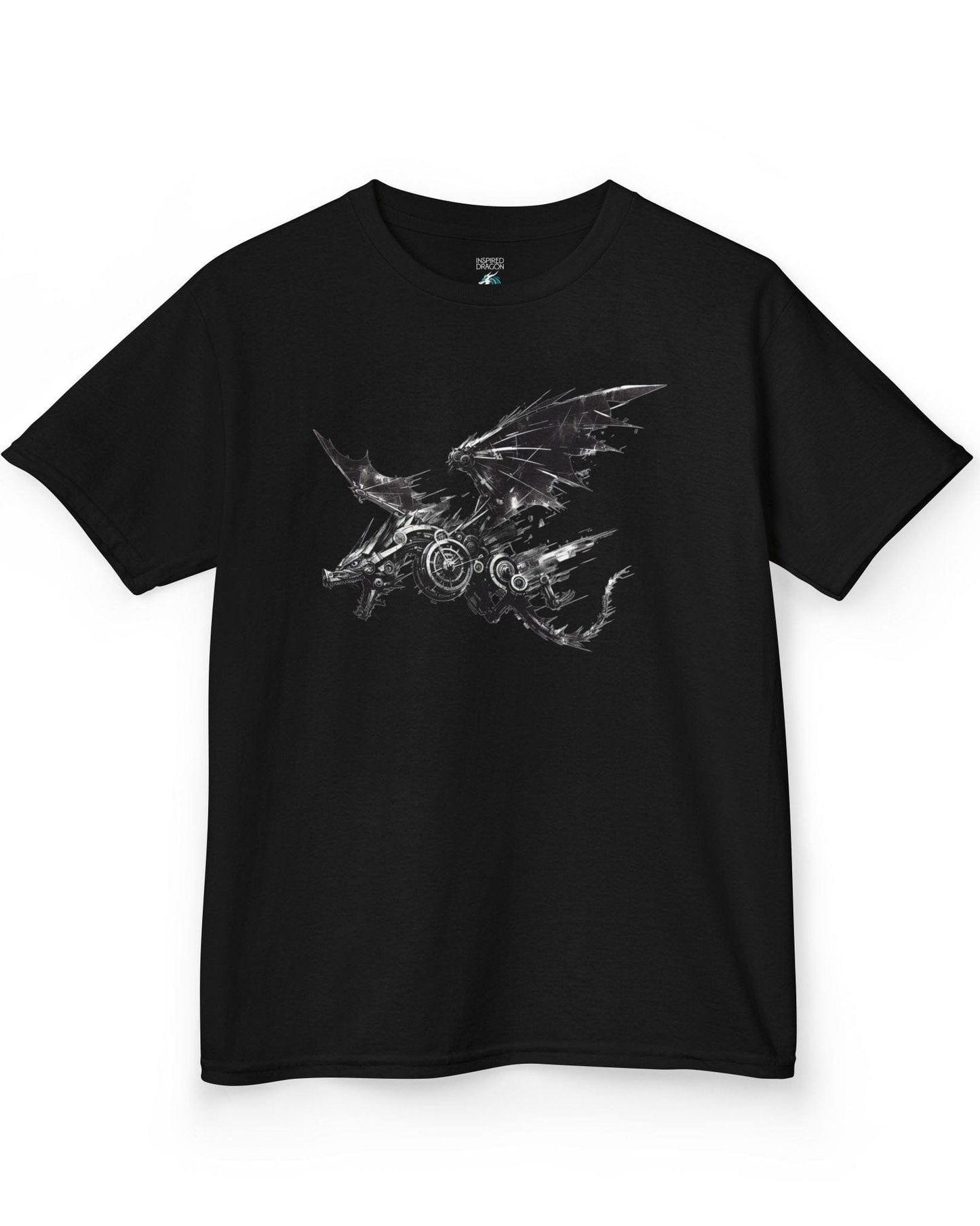 Steelbound Revenant shirt in black featuring a black mechanical dragon in mid-flight with steampunk details