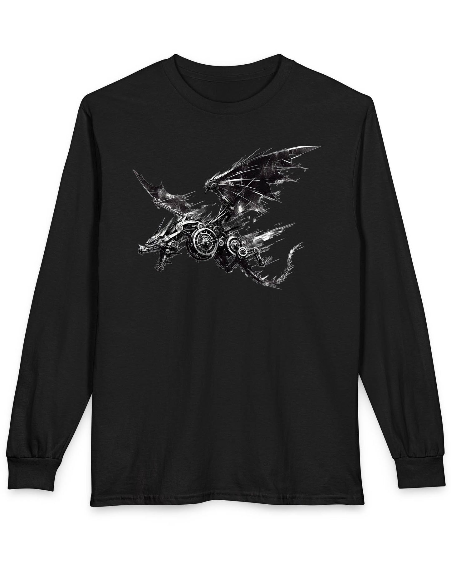 Steelbound Revenant shirt in black featuring a black mechanical dragon in mid-flight with steampunk details